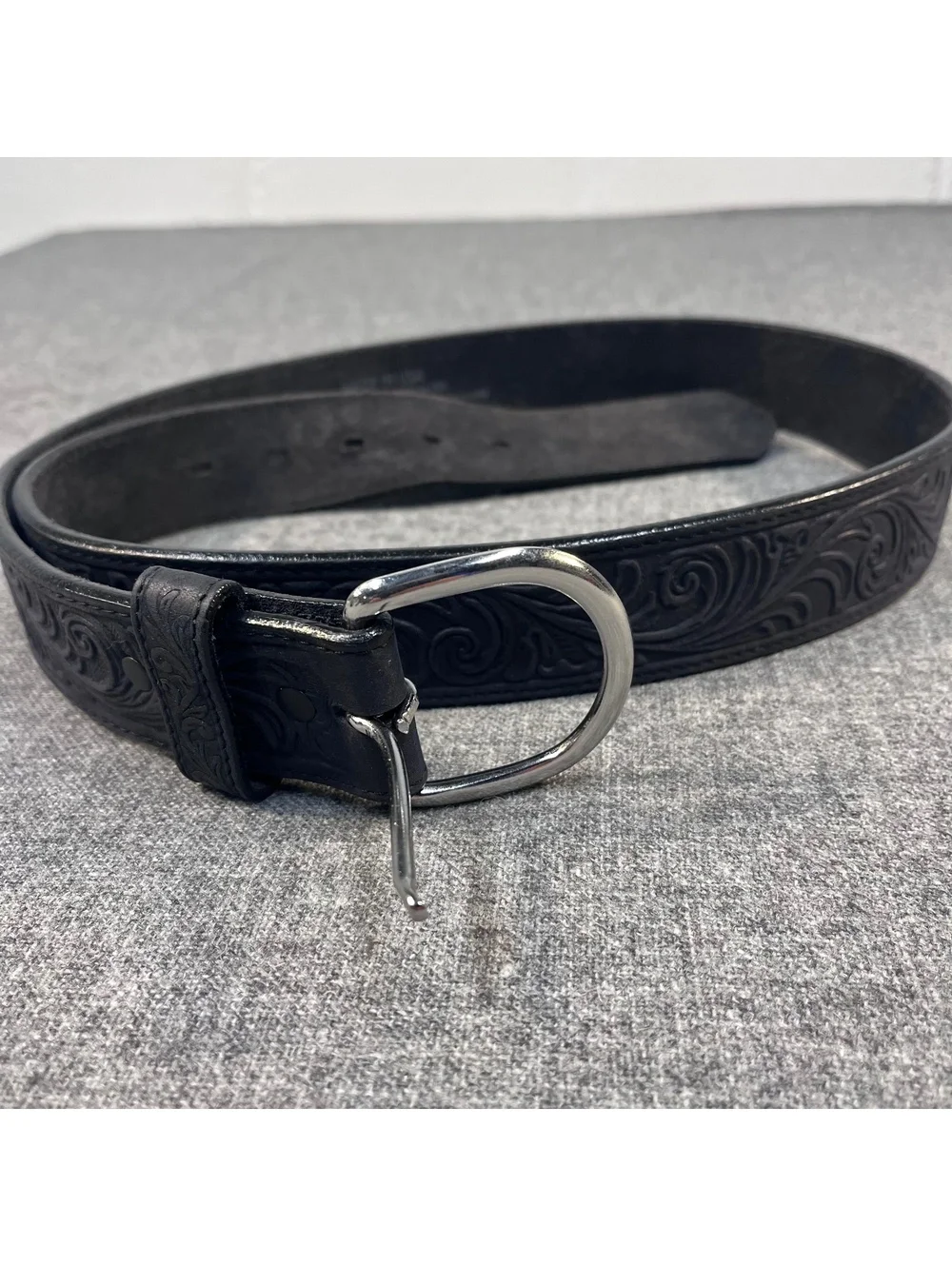 Justin Men's Silver Buckle Black Western Scroll Tooled Leather Belt 53903, 40in